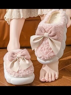 Plush Pink Bow Slip-On Women’s Slippers